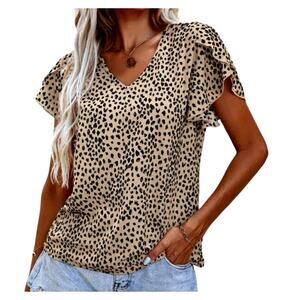 Shein Women's Small Tan Black Leopard  V-Neck Petal Short Sleeve Top